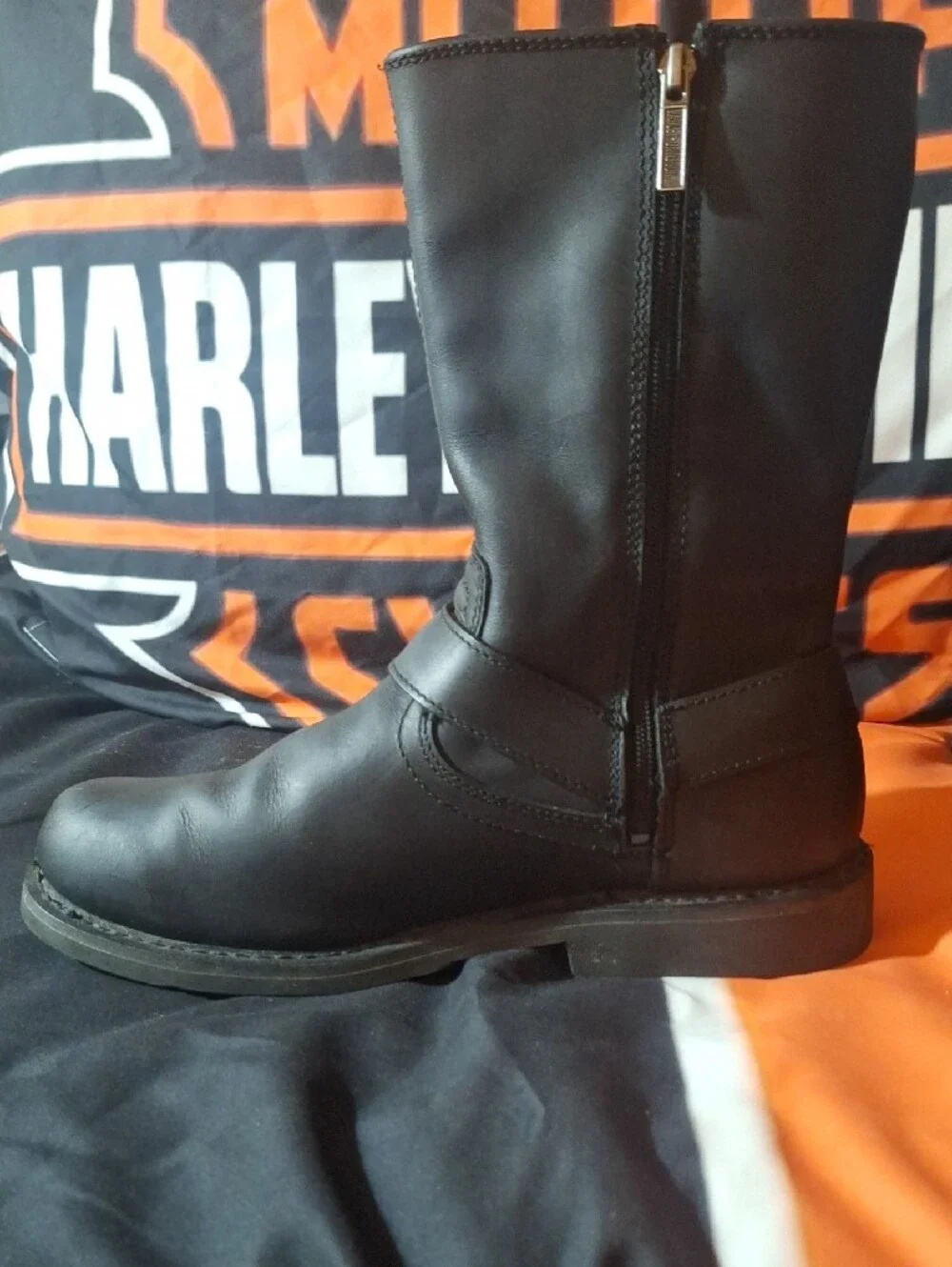 Harley-Davidson Black Leather Harness Zip Motorcycle Boots